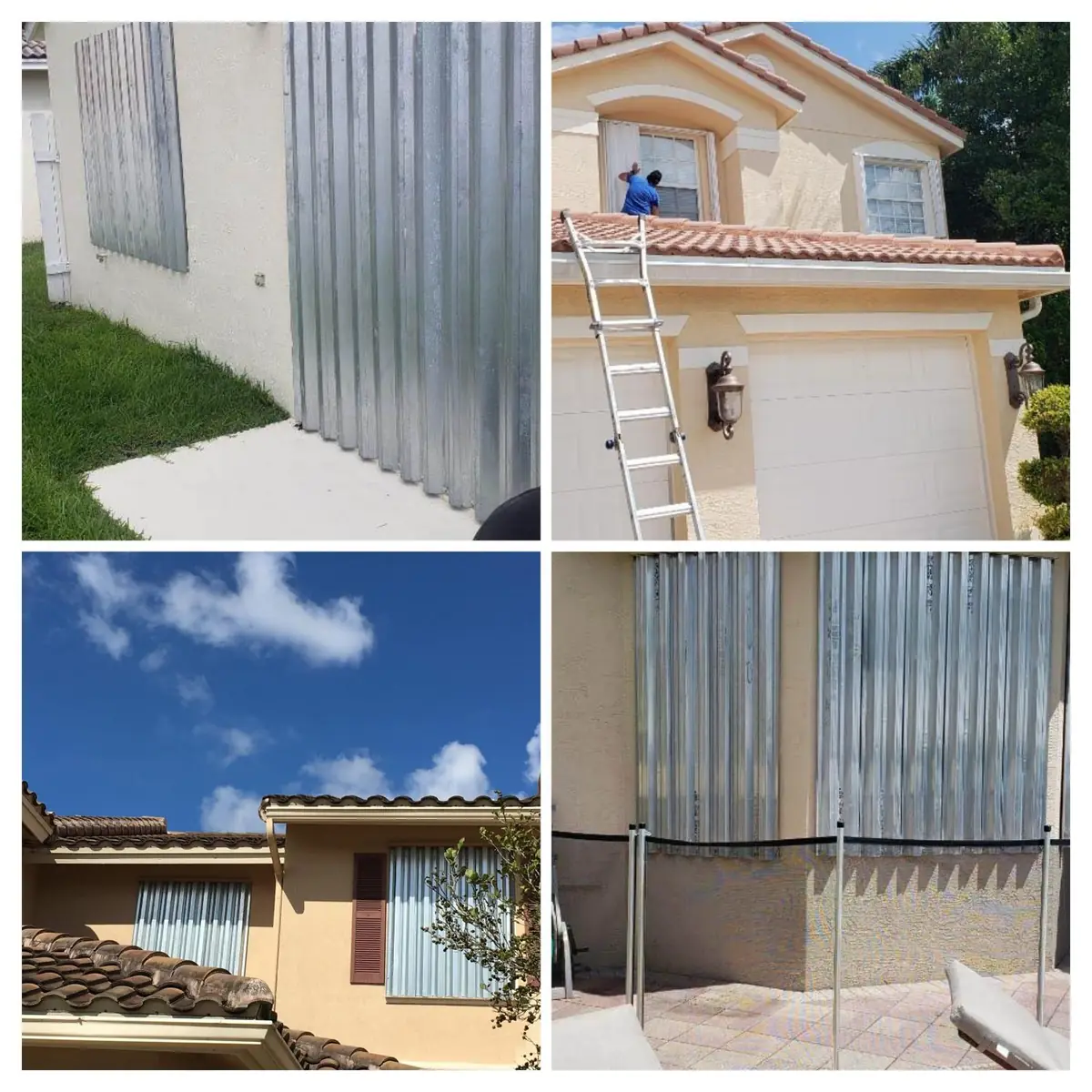 Aftermath Restoration Group board-up job: metal panels over windows and sliders on Florida homes, with a technician securing an upper window